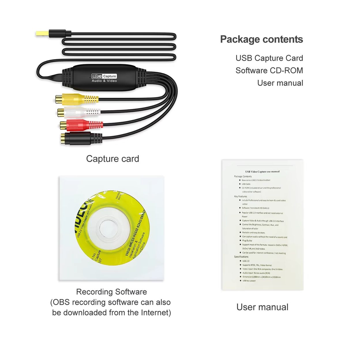 Gold-plated Interface AV to USB 1080P Video Capture cable, USB 2.0 RCA