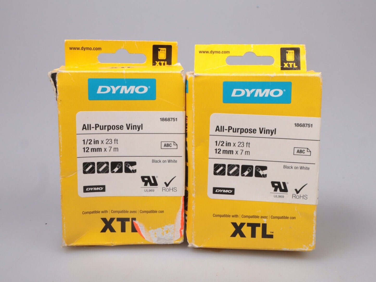 2X DYMO XTL  All-Purpose Vinyl Label, 1/2" x 23' | BLACK ON WHITE